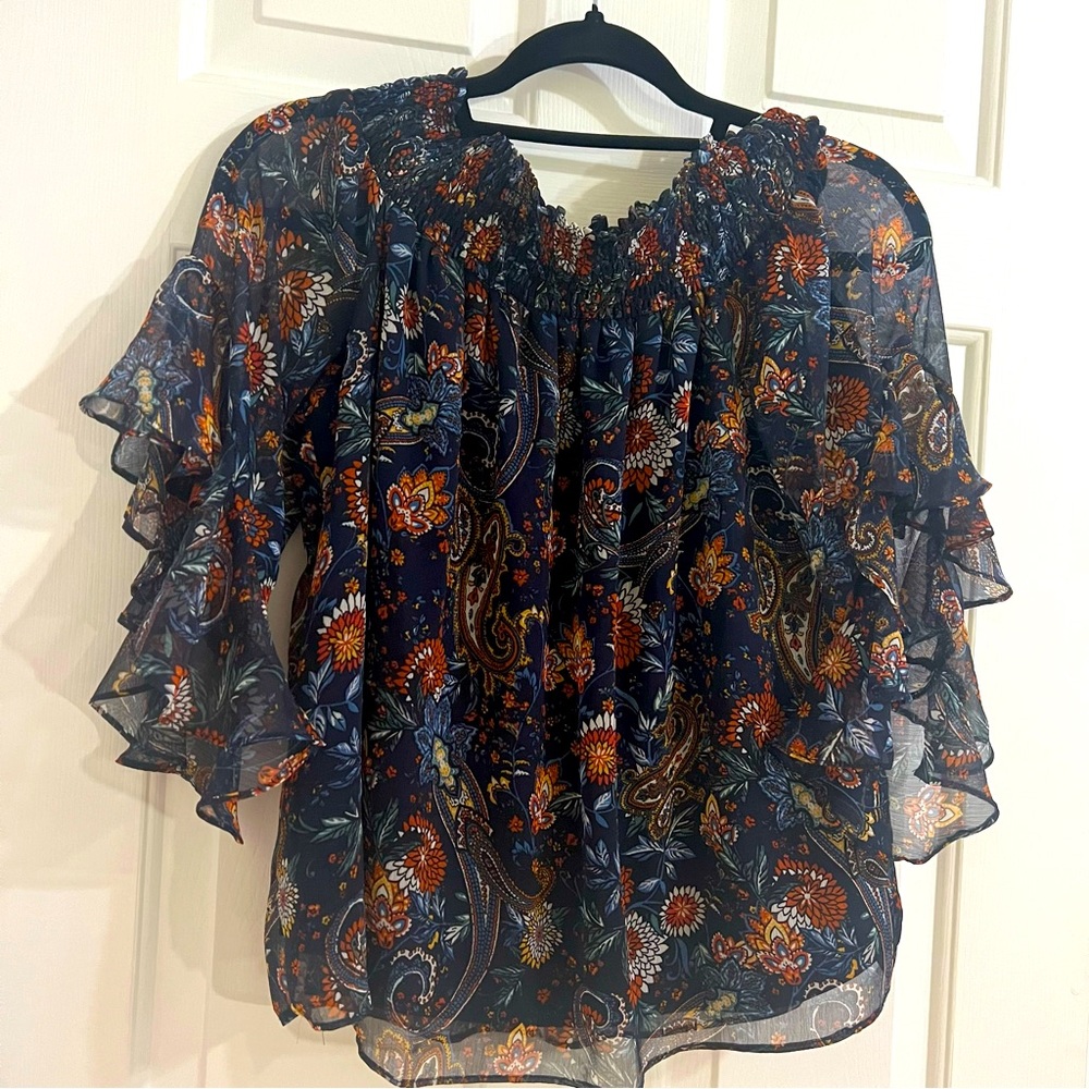 1. STATE Blue Floral Print Blouse Med with layered sleeves & ruffled neckline